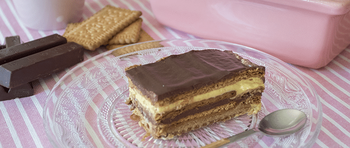 tarta de galletas, flan y chocolate