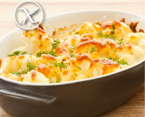 Coliflor gratinada con pollo, bechamel y queso sin gluten