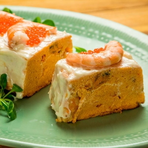 pastel de bacalao, langostinos y mejillones