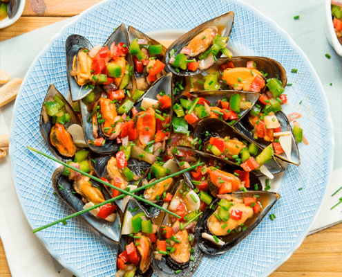 mejillones con vinagreta oriental