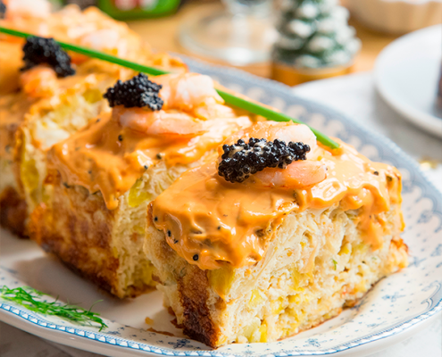 Pastel de puerros y langostinos