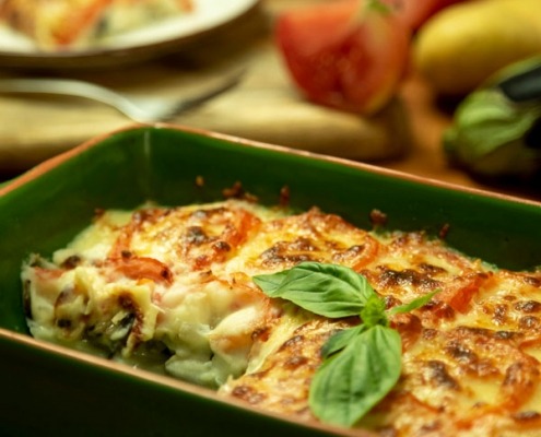 Pastel de berenjena, patata y queso