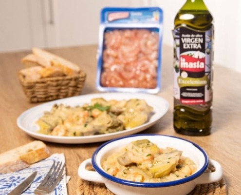 Receta casera de Alcachofas en salsa verde con langostinos
