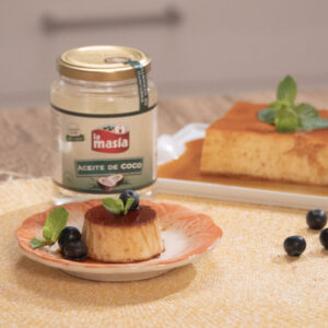 Receta casera de Flan de huevo y leche condensada. Aceite de coco VE Ecológico La Masía